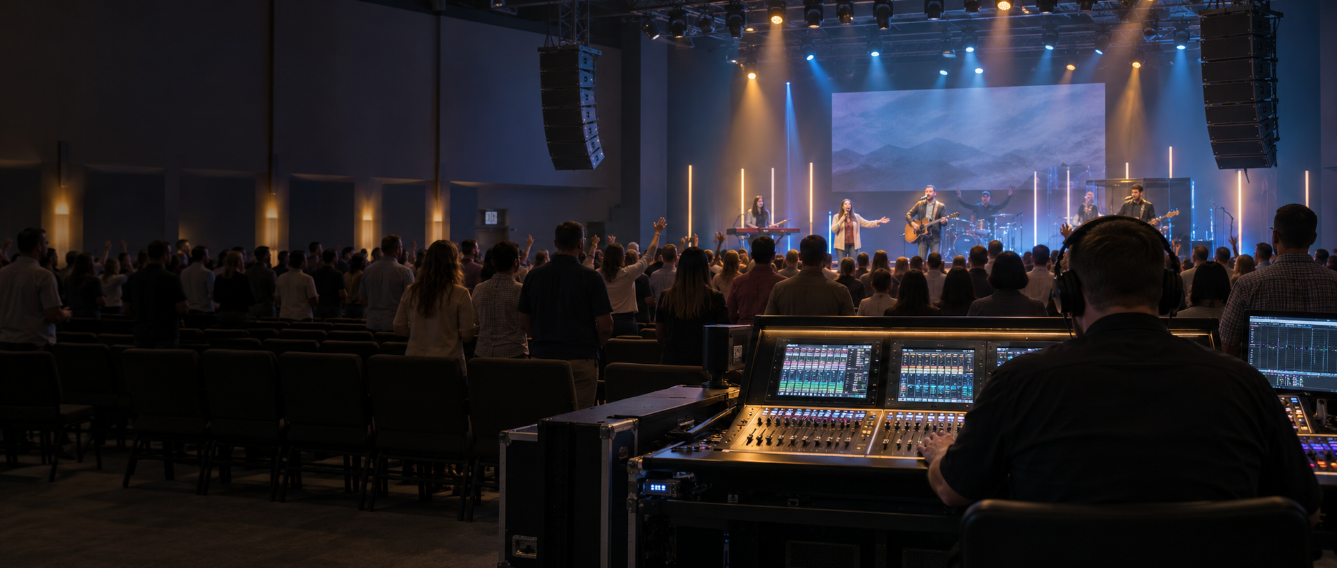 Sala di culto worship vista dalle spalle del fonico, con mixer, palco e diffusori dell’impianto audio